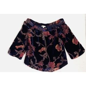 Skies Are Blue Womens Size 8R Shirt Blouse Blue Floral Velvet Off The Shoulder